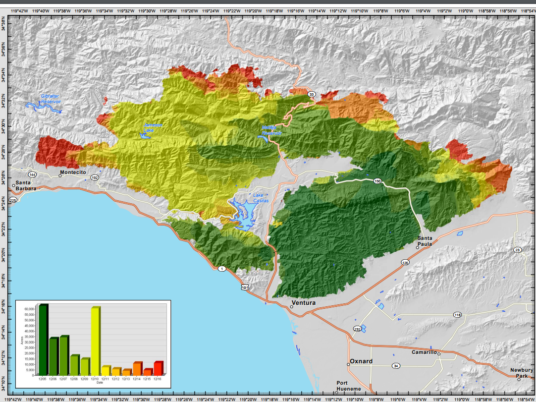 An incident map from Sunday, showing the spread of the Thomas Fire