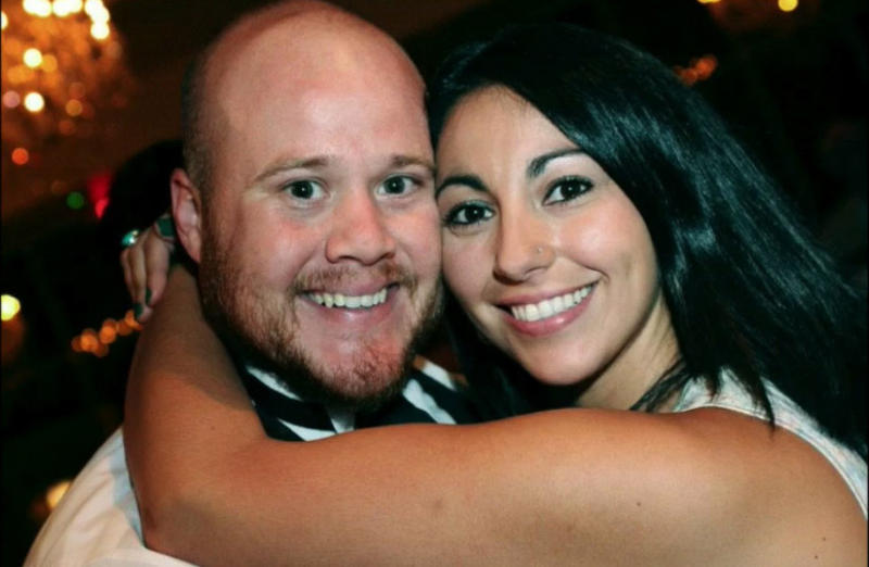 David Sherrard and his wife, Nicole, in a photo shown during his funeral service Tuesday afternoon at Watermark Community Church in Dallas. The service was livestreamed by the church.
