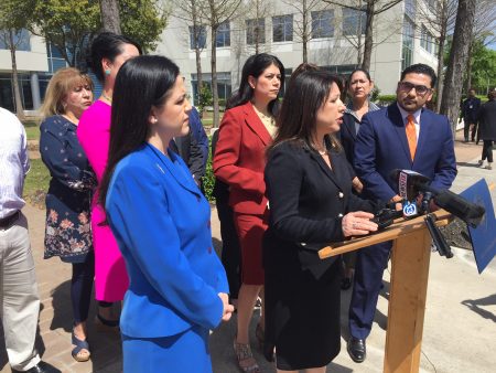 Latino leaders, including state Reps. Carol Alvarado, Ana Hernandez and Armando Walle, called for transparency in HISD superintendent search at a press conference Wednesday.