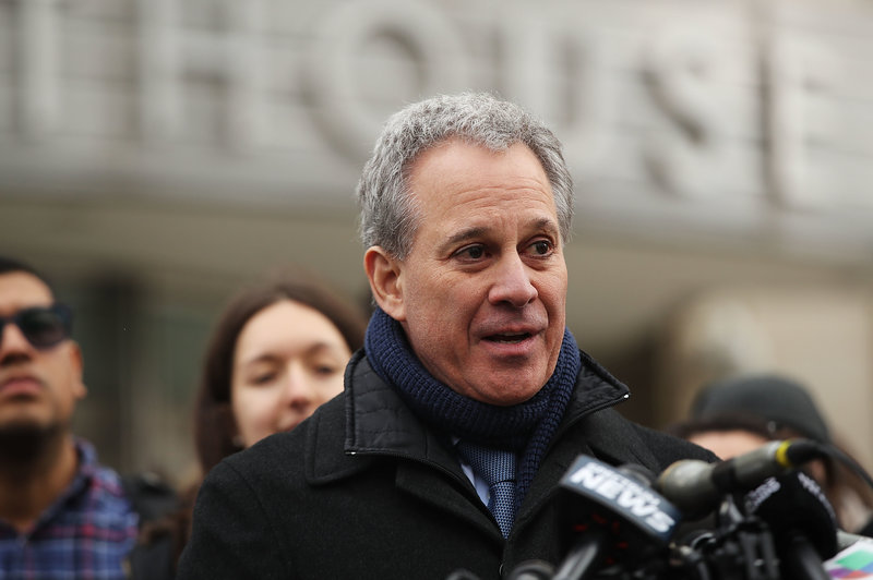 New York Attorney General Eric Schneiderman speaks at a news conference after a DACA hearing at a Brooklyn court on Jan. 30. New York state is leading a group of 17 states in a lawsuit to try to remove a new citizenship question from the 2020 Census questionnaire.
