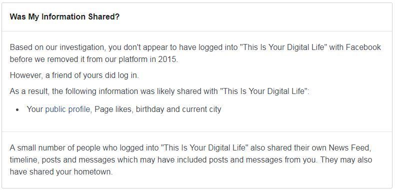 A privacy notice from Facebook notifies a user that their information was 