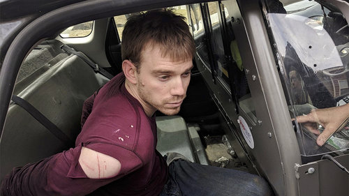 The Metro Nashville Police Department released a photo showing Travis Reinking in the back of a police car moments after being arrested on Monday.
