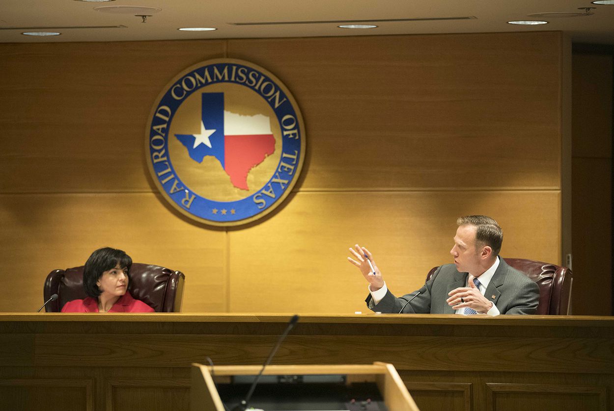 Chairman Christi Craddick and Commissioner Ryan Sitton at a Texas Railroad Commission meeting in Austin on Oct. 10, 2017.