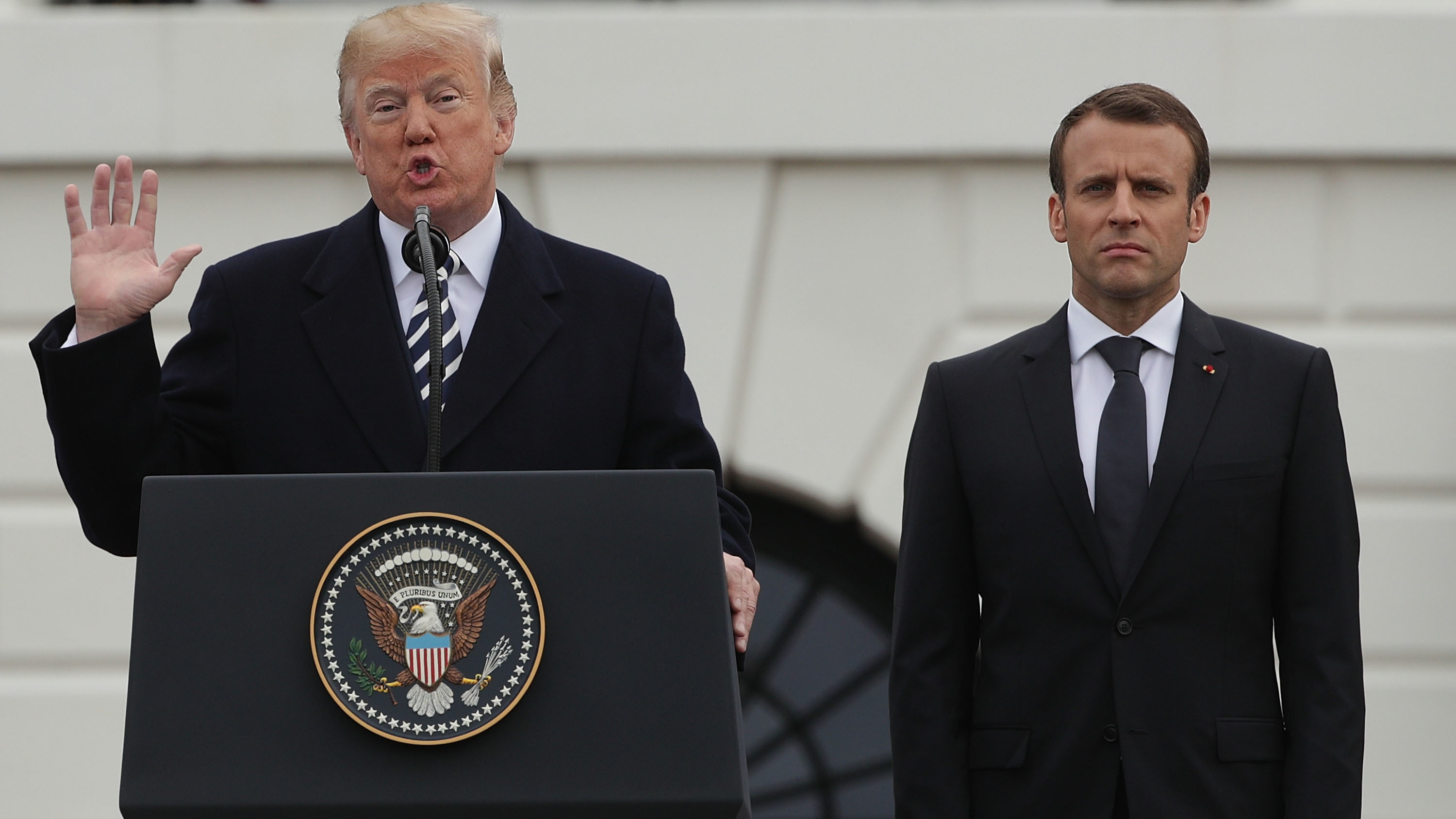 President Trump and French President Emmanuel Macron participate in a state arrival ceremony at the South Lawn of the White House on April 24.
