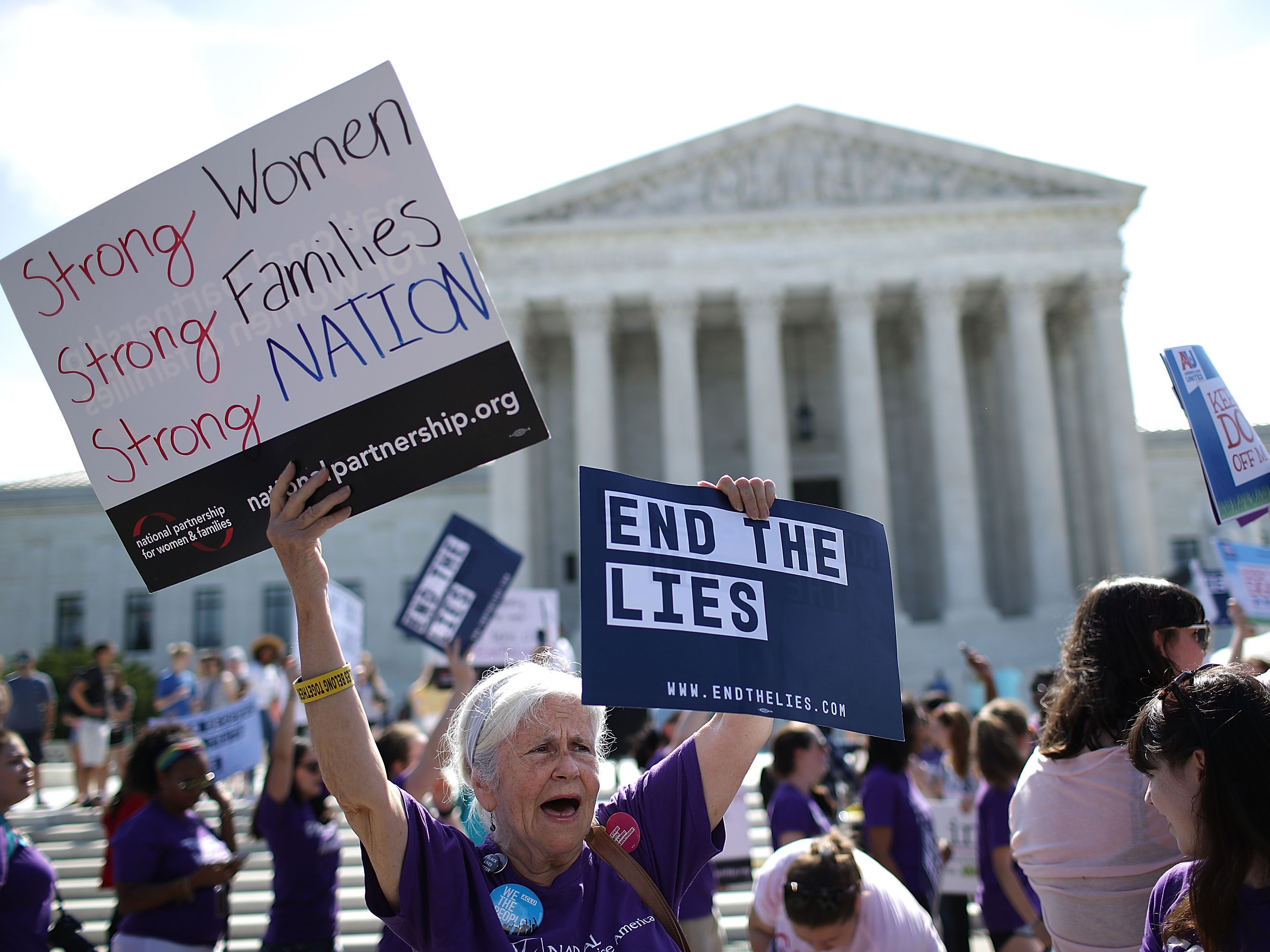 Abortion rights proponents protest outside the Supreme Court on Tuesday. The retirement of Justice Anthony Kennedy set the stage for a battle over abortion rights unlike any in a generation.
