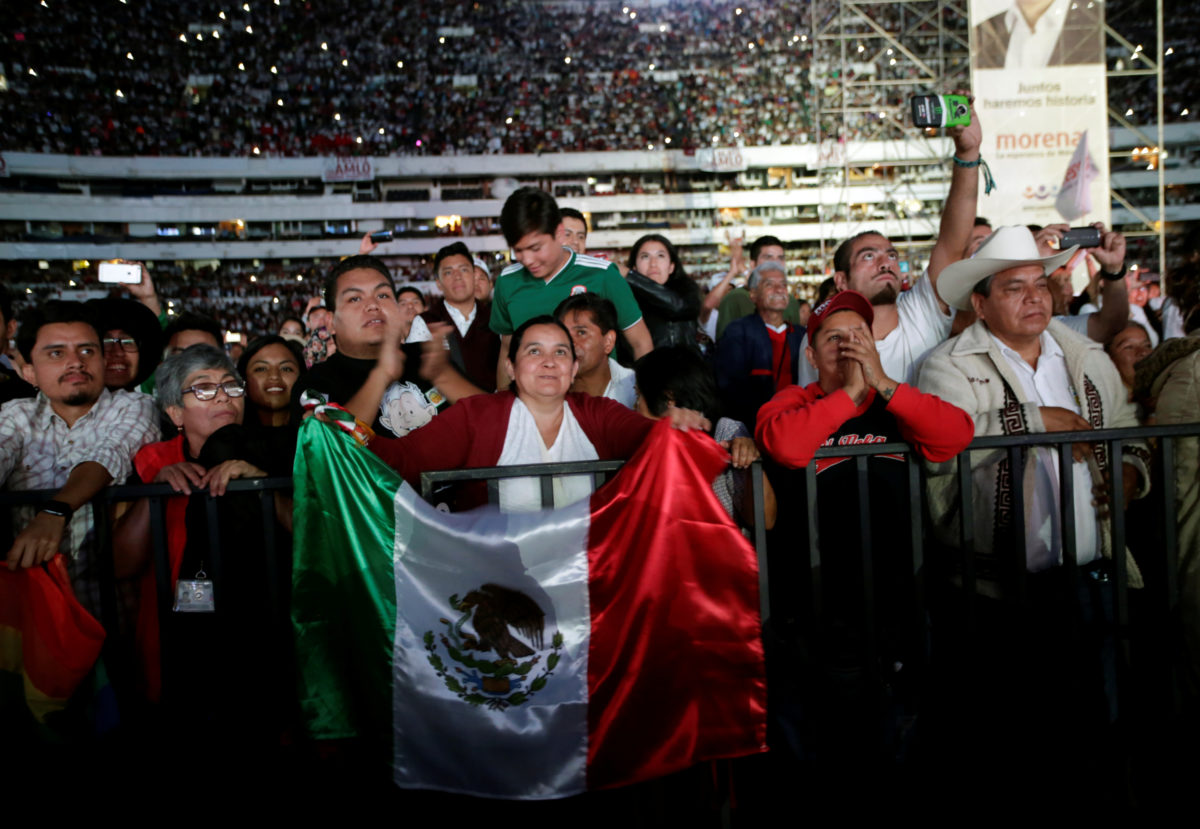 Supporters attend the closing campaign rally of Mexican presidential candidate Andres Manuel Lopez Obrador at the Azteca stadium, in Mexico City. 