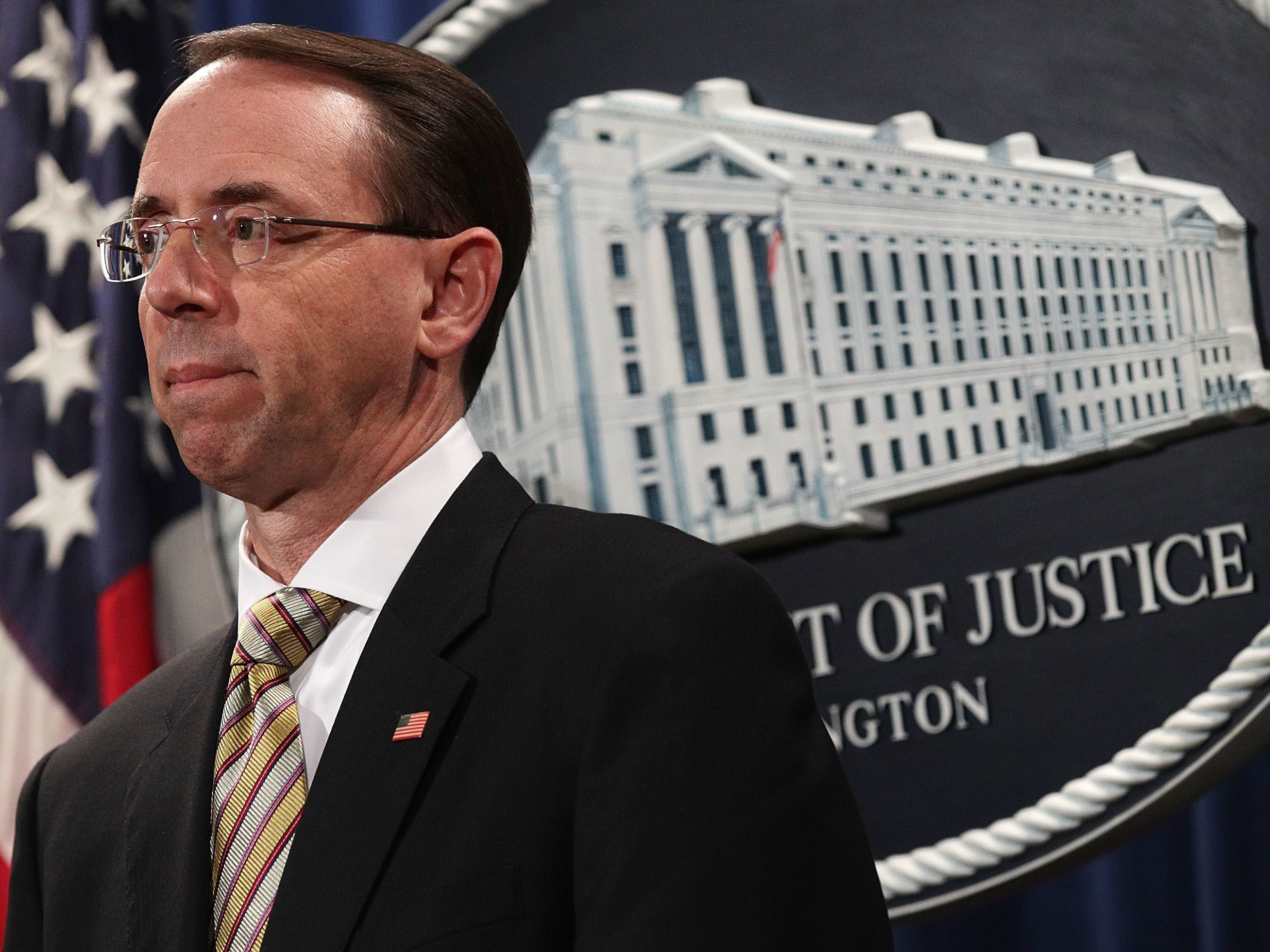Deputy U.S. Attorney General Rod Rosenstein convened a press conference at the Justice Department on Friday.
