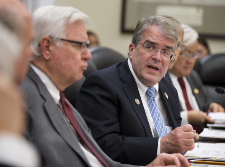 House Commerce, Justice, Science, and Related Agencies subcommittee Chairman Rep. John Culberson, R-Texas, center, speaks during the subcommittees hearing about the Federal Bureau of Investigation FY 2017 budget, on Capitol Hill in Washington, Thursday, Feb. 25, 2016. Others are House Appropriations Full Committee Chairman Rep. Hal Rogers, R-Ky., left, and subcommittee acting ranking member Rep. Mike Honda, D-Calif., right. (AP Photo/Manuel Balce Ceneta)