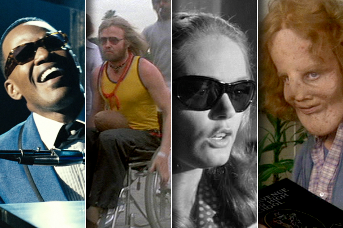 Images from films depicting people with disabilities (L-R): Ray (2004), Coming Home (1978), A Patch of Blue (1965), and Mask (1985).