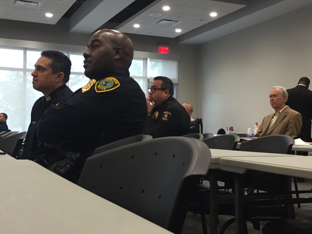 Police officers with several different agencies participated in a training about how to interact with civilians at Crime Stoppers of Houston Monday, Dec. 17, 2018.