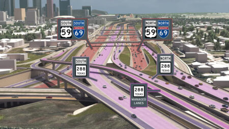 A screenshot of a 3D model of TxDOT's controversial I-45 expansion plan.