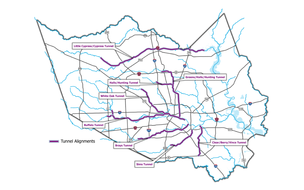 Map from June 16, 2022 Virtual Public Meeting on the release of the Districts Feasibility Study of Stormwater Conveyance Tunnels, Phase 2. Map depicts eight proposed routes of stormwater tunnels under and through Harris County.