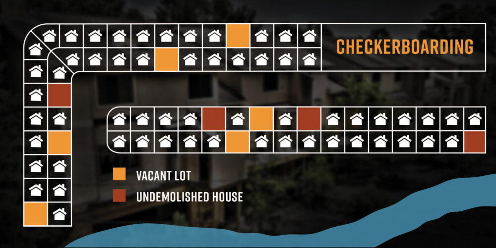 Graphic demonstrating the typical checkerboard buyout strategy that FEMA usually employs