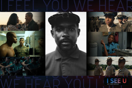 Center image, Director Elegance Bratton (All outer images are from the movie The Inspection) Top Left- Actress Gabrielle Union and Actor Jeremy Pope, Top Right - Actor Jeremy Pope, Left Center - Actor Jeremy Pope and Raul Castillo, Right Center - Actress Gabrielle Union, Bottom Left - Actor Jeremy Pope and Aubrey Joseph, Bottom right - Actor Bokeem Woodbine and Raul Castillo